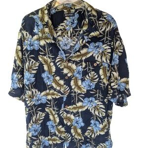 Puritan Mens 3XL Tropical Hibiscus Palm Leaf Rayon Hawaiian Camp Shirt Navy Blue